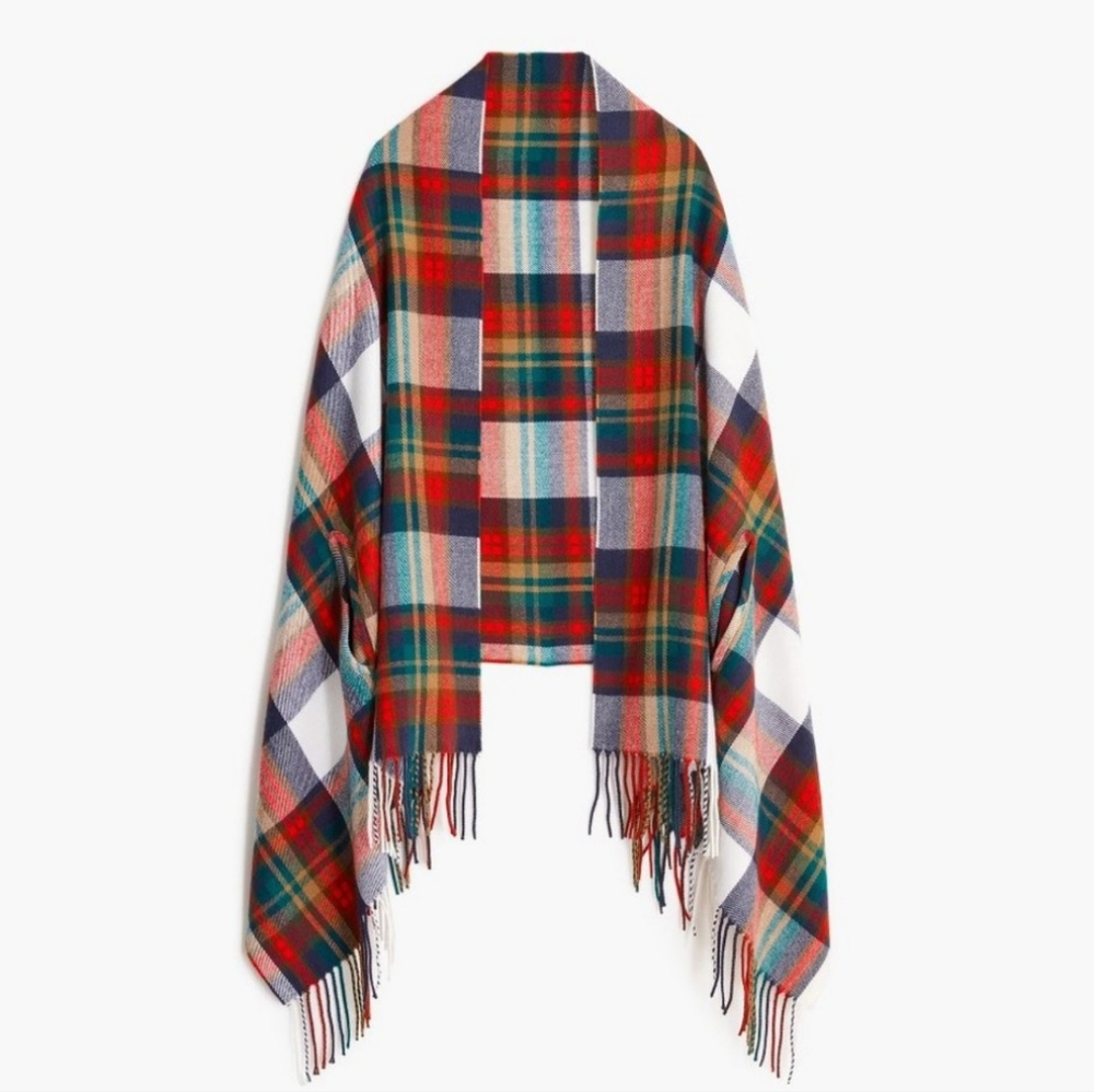 J.Crew Factory Tartan Plaid Cape Scarf Wrap Poncho Ruana Open Front Armholes OS